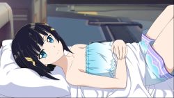 Rule 34 | 1girl, bed, bed sheet, bedroom, black hair, blue dress, blue eyes, breasts, collarbone, dress, from side, game cg, hair ornament, hands on own stomach, highres, indoors, looking at viewer, lying, mole, mole under eye, official art, on back, pillow, premiere (sao), short dress, short hair, sleeveless, sleeveless dress, small breasts, solo, strapless, strapless dress, sword art online, sword art online: fatal bullet