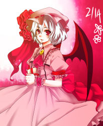 Rule 34 | 1girl, bad id, bad pixiv id, female focus, gradient background, hat, red eyes, remilia scarlet, solo, touhou, white background, wings, yutazou
