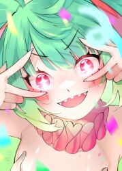 Rule 34 | 1girl, confetti, coni confetti, detached collar, echovnu, facial mark, gradient hair, green hair, highres, idol corp, looking at viewer, multicolored hair, off shoulder, pink eyes, sharp teeth, solo, teeth, twintails, upper teeth only, virtual youtuber
