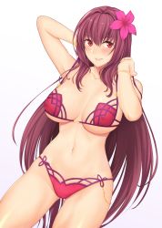 Rule 34 | 1girl, arm up, blush, breasts, brown hair, cleavage, collarbone, fate/grand order, fate (series), flower, hair flower, hair ornament, highres, large breasts, long hair, looking at viewer, navel, parted lips, red eyes, scathach (fate), shukurimu, smile, solo, swimsuit, teeth, thighs, wet