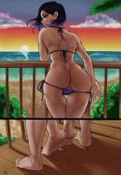 Rule 34 | 1boy, 1girl, absurdres, anus, ass, balcony, beach, beckoning, bent over, bikini, bikini pull, black hair, borrowed character, brown eyes, camila (stormin art), clothes pull, come hither, commentary, commission, druids shed, english commentary, from behind, gradient hair, highres, implied sex, looking at viewer, looking back, multicolored hair, naughty face, ocean, original, out-of-frame censoring, presenting, pulling own clothes, purple bikini, purple hair, pussy, pussy peek, sex, sex from behind, short hair, side-tie bikini bottom, smile, solo focus, standing, standing sex, sunset, swimsuit, thick thighs, thigh gap, thighs, tiptoes, twitter username, two-tone hair, undressing