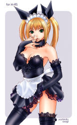 Rule 34 | 1girl, asagi yoshimitsu, bare shoulders, blonde hair, breasts, choker, cleavage, clothes lift, elbow gloves, gloves, green eyes, incise soul, lace, licking, m-rs, maid, panties, pantyshot, rukia (incise soul), sideboob, skirt, skirt lift, solo, thighhighs, twintails, underwear, upskirt