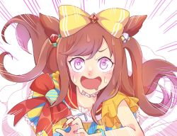 Rule 34 | agnes digital (umamusume), animal ears, blue eyes, bow, commentary request, hair bow, hair ornament, horse ears, horse girl, horse tail, long hair, looking at viewer, motion lines, open mouth, pink hair, popporibukuro, ribbon, running, sleeveless, solo, sweat, tail, umamusume