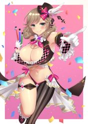 Rule 34 | 1girl, absurdres, asymmetrical legwear, between fingers, blonde hair, blush, breasts, bridal garter, brown hair, cleavage, confetti, curly hair, detached sleeves, gloves, green eyes, half gloves, haruka (senran kagura), hat, highres, holding, large breasts, lemonrou, looking at viewer, mini hat, mini top hat, navel, outside border, senran kagura, senran kagura new link, short hair, smile, solo, striped clothes, striped thighhighs, tagme, test tube, thighhighs, thighs, top hat, uneven legwear, vertical-striped clothes, vertical-striped thighhighs, wide sleeves