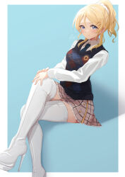 Rule 34 | 1girl, absurdres, ayase eli, blonde hair, blue eyes, boots, brown skirt, closed mouth, collared shirt, commentary request, commission, crossed legs, green necktie, hair ornament, hairclip, high heel boots, high heels, highres, long hair, long sleeves, looking at viewer, love live!, love live! school idol project, miniskirt, necktie, ponytail, pukonuu, shirt, sitting, skeb commission, skirt, smile, solo, sweater vest, thigh boots, thighhighs, white footwear, white shirt, zettai ryouiki