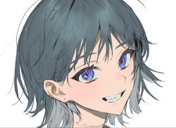Rule 34 | 1girl, commentary request, grey hair, grin, looking at viewer, original, piercing hole, portrait, purple eyes, short hair, simple background, smile, solo, torino kawazu, white background