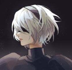 Rule 34 | 1girl, 2b (nier:automata), absurdres, black background, black blindfold, black dress, black hairband, blindfold, bob cut, closed mouth, covered eyes, dress, facing to the side, hair between eyes, hairband, highres, montaro, nier:automata, nier (series), portrait, puffy sleeves, short hair, solo, turtleneck, turtleneck dress, upper body, white hair