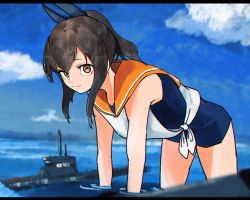 Rule 34 | 1girl, absurdres, all fours, blue one-piece swimsuit, blue sky, brown eyes, brown hair, cloud, day, hair ornament, hato kan, highres, historical name connection, i-400-class-submarine, i-401, i-401 (kancolle), kantai collection, looking at viewer, mother ship, name connection, object namesake, one-piece swimsuit, orange sailor collar, outdoors, ponytail, sailor collar, school swimsuit, shirt, short hair, side-tie shirt, sky, sleeveless, sleeveless shirt, solo, submarine, submarine aircraft carrier, swimsuit, swimsuit under clothes, watercraft