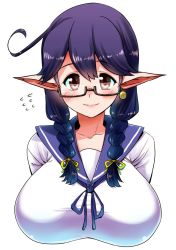 Rule 34 | 10s, 1girl, ahoge, alternate hairstyle, blush, braid, breasts, brown eyes, earrings, elf, glasses, hair over shoulder, huge breasts, jewelry, kantai collection, long hair, looking at viewer, perepere-kun, pointy ears, school uniform, smile, solo, sweat, twin braids, twintails, uniform, ushio (kancolle)