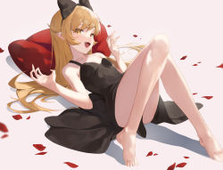 Rule 34 | 1girl, :d, bare shoulders, barefoot, black dress, blonde hair, breasts, cushion, dress, fang, flat chest, hairband, highres, long hair, looking at viewer, lying, monogatari (series), on back, open mouth, oshino shinobu, pointy ears, sb lama, sleeveless, sleeveless dress, small breasts, smile, solo, yellow eyes