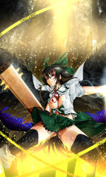 Rule 34 | 1girl, black hair, black thighhighs, bowalia, breasts, caution, cleavage, female focus, hair ribbon, large breasts, open clothes, open shirt, reiuji utsuho, ribbon, shirt, short hair, skirt, smile, solo, thighhighs, touhou, wings