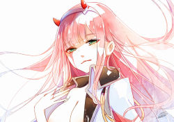 Rule 34 | 10s, 1girl, blue eyes, breasts, commentary request, darling in the franxx, emo (ricemo), horns, jacket, military, military uniform, pink hair, signature, solo, tongue, uniform, zero two (darling in the franxx)