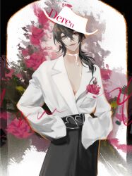 Rule 34 | 1girl, absurdres, alternate costume, belt, black belt, black eyes, black hair, black skirt, character name, character signature, chinese commentary, commentary, cowboy shot, deren (path to nowhere), floral background, flower, hair between eyes, hat, heart belt, highres, jacket, lapels, long hair, long sleeves, looking at viewer, neck ribbon, notched lapels, path to nowhere, red flower, ribbon, shafagou, skirt, sleeves past fingers, sleeves past wrists, solo, straight-on, suit jacket, white hat, white jacket