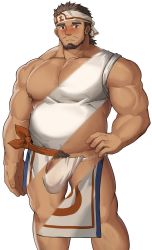 Rule 34 | 1boy, bara, bare arms, bare pectorals, beard, belly, brown hair, bulge, commission, facial hair, feet out of frame, flaccid, fundoshi, headband, highres, japanese clothes, large pectorals, male focus, male pubic hair, mature male, muscular, muscular male, mustache, nipples, original, pectorals, penis, penis peek, pubic hair, revealing layer, short hair, sleeveless, solo, standing, tekkowang, thick eyebrows, thick thighs, thighs, white headband