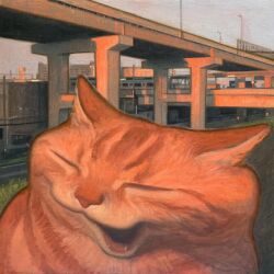 Rule 34 | animal, animal focus, bridge, closed eyes, commentary request, evening, highres, karin hosono, no humans, open mouth, orange cat, original, outdoors, painting (medium), realistic, solo, traditional media, upper body, yawning
