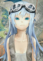 Rule 34 | 1girl, blue eyes, blue hair, fish, fish girl, gills, glasses, goggles, goggles on head, highres, looking at viewer, matching hair/eyes, md5 mismatch, monster girl, original, pointy ears, slit pupils, solo
