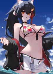 Rule 34 | 1girl, :o, absurdres, animal ear fluff, animal ears, armpits, bare shoulders, belt collar, bikini, bikini under clothes, black choker, black hair, black jacket, blue sky, blush, choker, collar, covered erect nipples, crossed bangs, day, drawstring, front-tie top, groin, hair ornament, halterneck, highres, hololive, jacket, leaf print, long hair, long sleeves, looking at viewer, mikaku, multicolored hair, navel, off shoulder, ookami mio, ookami mio (hololive summer 2019), open fly, orange eyes, outdoors, parted lips, ponytail, red hair, short shorts, shorts, side-tie bikini bottom, sky, solo, standing, stomach, strap gap, streaked hair, string bikini, swimsuit, tail, tail around own leg, very long hair, virtual youtuber, wading, water, wet, white bikini, white shorts, wolf ears, wolf girl, wolf tail, zipper pull tab