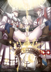 Rule 34 | 1girl, 2boys, assisted peeing, blonde hair, blush, censored, fire emblem, fire emblem: three houses, head out of frame, hetero, highres, mercedes von martritz, multiple boys, nintendo, no panties, peeing, peeing in cup, praying, pubic hair, pussy, rokkakkei