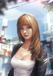 Rule 34 | 1girl, aimedz, artist name, black jacket, blunt bangs, breasts, brown hair, cleavage, day, deviantart username, jacket, large breasts, lips, lipstick, long hair, long sleeves, looking at viewer, makeup, medium breasts, nose, original, outdoors, parted lips, power lines, red eyes, red lips, road, shirt, solo, source name, street, sunlight, traffic light, upper body, watermark, white shirt