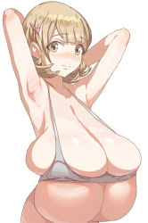 Rule 34 | 1girl, armpits, blush, breasts, brown eyes, brown hair, cleavage, deep skin, gigantic breasts, hair ornament, hairclip, huge breasts, kasutaso, narusawa ryouka, occultic;nine, sagging breasts, short hair, simple background, skindentation, solo, white background