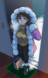 Rule 34 | 1girl, aged up, akairiot, bag, boots, braid, breath, brown eyes, brown hair, coat, commentary, doorway, fur coat, hair over shoulder, highres, ice climber, knee boots, long braid, long hair, mittens, nana (ice climber), nintendo, open clothes, open coat, pants, pink coat, shopping bag, single braid, snow, snowing, solo, sweater, symbol-only commentary, turtleneck, turtleneck sweater, twin braids, winter