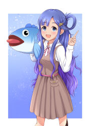 Rule 34 | 1girl, asari nanami, belt, blue background, blue eyes, blue hair, blush, border, breasts, brown dress, cowboy shot, dot nose, dress, fish hair ornament, hair ornament, hair rings, hands up, highres, holding, holding stuffed toy, idolmaster, idolmaster cinderella girls, idolmaster cinderella girls starlight stage, index finger raised, long hair, long sleeves, looking at viewer, nagmilk, neck ribbon, open mouth, outside border, pink belt, red ribbon, ribbon, shirt, sleeveless, sleeveless dress, small breasts, smile, solo, standing, stuffed animal, stuffed fish, stuffed toy, teeth, upper teeth only, very long hair, white border, white shirt