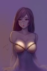 Rule 34 | 1girl, absurdres, breasts, brown eyes, brown hair, chaosringen, cleavage, collarbone, dated, glasses, gradient background, highres, large breasts, lips, long hair, original, simple background, solo, strap slip, upper body