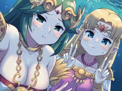 Rule 34 | 2girls, :i, :t, air bubble, ancient greek clothes, bare shoulders, blonde hair, blush, breasts, bubble, chiton, cleavage, closed mouth, collarbone, commentary request, commission, double v, dress, elf, forehead jewel, green eyes, green hair, holding breath, kid icarus, large breasts, long hair, looking at viewer, multiple girls, nintendo, palutena, parted bangs, pink dress, pixiv commission, pointy ears, princess zelda, selfie, super smash bros., the legend of zelda, the legend of zelda: a link between worlds, tsunaso (lack of sunlight), underwater, v, water