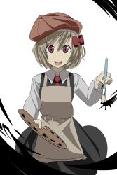 Rule 34 | 1girl, :d, apron, art brush, arudente, bad id, bad pixiv id, beret, blonde hair, darkness, embodiment of scarlet devil, fang, female focus, hat, looking at viewer, no nose, open mouth, paintbrush, palette (object), rumia, simple background, smile, solo, touhou, white background