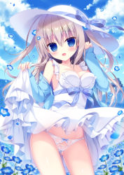 Rule 34 | 1girl, :d, blue eyes, blue flower, blue sky, bow, bow panties, breasts, cameltoe, clothes lift, cloud, collarbone, commentary request, dress, dress lift, flower, frilled dress, frills, gluteal fold, hair between eyes, hair flower, hair ornament, hairclip, hasune, hat, hat ribbon, highres, lace, lace-trimmed panties, lace trim, light brown hair, looking at viewer, medium breasts, ocean, open mouth, original, panties, ribbon, sidelocks, sky, smile, solo, standing, sun hat, thighs, underwear, white dress, white panties