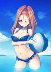 Rule 34 | 1girl, arbara (dq6), bikini, blue bikini, blue eyes, blush, breasts, cleavage, dragon quest, dragon quest vi, earrings, female focus, forehead, high ponytail, highres, jewelry, large breasts, mahito, navel, ocean, one eye closed, ponytail, red hair, smile, solo, swimsuit, water, wet, wink