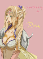 Rule 34 | 1990s (style), 1girl, blonde hair, breasts, cape, cleavage, detached sleeves, earrings, female focus, final fantasy, final fantasy iv, green eyes, hair ornament, jewelry, leotard, long hair, rosa farrell, shoulder pads, solo, tiara, zdj