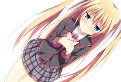 Rule 34 | 1girl, blue eyes, blush, dutch angle, hair ribbon, hands up, korokoro cat, little busters!, long hair, long sleeves, looking at viewer, plaid, plaid skirt, ribbon, school uniform, simple background, skirt, solo, tokido saya, twintails, white background, white ribbon