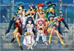 Rule 34 | 1990s (style), 6+girls, armor, armored boots, armored dress, bazooka, bikini armor, blue hair, boots, cleaned, dark blue hair, glasses, green hair, group picture, hat, jewelry, kunoichi, looking at viewer, multiple girls, official art, pillars, pink hair, purple hair, rance (series), red hair, retro artstyle, sandals, scan, scarf, sill plain, stairs, weapon, witch hat, yamashita toshinari