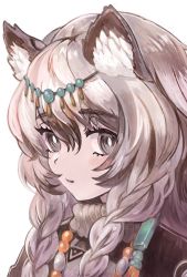 Rule 34 | 1girl, animal ear fluff, animal ears, arknights, bad id, bad pixiv id, bead necklace, beads, braid, commentary request, foosoo, grey eyes, hair between eyes, head chain, jewelry, leopard ears, long hair, looking at viewer, necklace, parted lips, partial commentary, portrait, pramanix (arknights), silver hair, simple background, solo, twin braids, white background