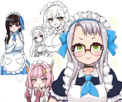 Rule 34 | 5girls, ahoge, alternate costume, anis (nikke), apron, blue neckerchief, blue necktie, blue ribbon, bowtie, breasts, brown eyes, brown hair, chiji komari, cleavage, closed mouth, dress, elbow gloves, enmaided, frilled dress, frills, glasses, gloves, green eyes, grey hair, hair ribbon, headgear, horns, large breasts, long sleeves, maid, maid headdress, marian (nikke), mechanical horns, medium breasts, multiple girls, neckerchief, necktie, neon (nikke), noah (nikke), pink bow, pink bowtie, pink hair, purple eyes, rapi (nikke), red eyes, ribbon, short hair, short sleeves, smile, sparkle hair ornament, v, white apron