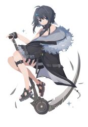 Rule 34 | 1girl, ahoge, ankle strap, arknights, bare shoulders, black footwear, black gloves, black hair, black jacket, black shirt, black shorts, blue eyes, bow, closed mouth, expressionless, falling feathers, feathers, fingerless gloves, fur-trimmed jacket, fur trim, gloves, hair bow, hair intakes, hair ornament, hairclip, highres, holding, holding scythe, invisible chair, jacket, knees together feet apart, la pluma (arknights), long bangs, long sleeves, looking at viewer, medium hair, off shoulder, sandals, scythe, shirt, short shorts, shorts, sidelocks, simple background, sitting, sleeveless, sleeveless shirt, solo, sparkle, suancai pian pian yu, thigh strap, white background, white bow