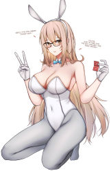 Rule 34 | 1girl, akane (blue archive), akane (bunny) (blue archive), animal ears, blonde hair, blue archive, blue bow, blue bowtie, bow, bowtie, breasts, brown eyes, condom, condom wrapper, detached collar, english text, fake animal ears, glasses, gloves, highleg, highleg leotard, highres, holding, holding condom, kitsune udon (ai br), large breasts, leotard, pantyhose, playboy bunny, rabbit ears, solo, strapless, strapless leotard, white gloves, white leotard, white pantyhose