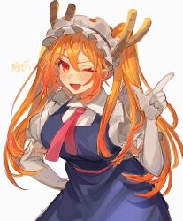 Rule 34 | 1girl, artist name, belt, blue dress, blush, breasts, brown hairband, collared shirt, dated, dragon horns, dragon tail, dress, elbow gloves, frilled hairband, frills, gloves, hair between eyes, hairband, hand on own hip, hand up, highres, horns, index finger raised, kobayashi-san chi no maidragon, large breasts, long hair, looking at viewer, moyu 16y, necktie, one eye closed, open mouth, orange hair, pink belt, pink necktie, puffy short sleeves, puffy sleeves, red eyes, shirt, short sleeves, sidelocks, simple background, smile, solo, standing, tail, tohru (maidragon), tongue, twintails, white background, white gloves, white shirt