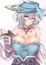 Rule 34 | 10s, 1girl, absurdres, anastasia (idolmaster), bare shoulders, blue eyes, breasts, cleavage, hat, highres, idolmaster, idolmaster cinderella girls, long hair, looking at viewer, medium breasts, sankakusui, shiny skin, short hair, silver hair, simple background, smile, solo, white background