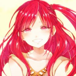 Rule 34 | 1girl, dress, jewelry, long hair, looking at viewer, magi the labyrinth of magic, morgiana, necklace, nyanchu003, ponytail, red eyes, red hair, side ponytail, sleeveless, sleeveless dress, smile, solo, tears, upper body