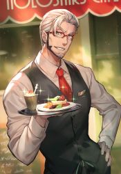 Rule 34 | 1boy, arurandeisu, beard, black vest, chalkboard sign, dress shirt, facial hair, fingernails, food, fruit, glasses, grey hair, grin, hair slicked back, hand on own hip, hand up, highres, holding, holding tray, holostars, lack, long sleeves, looking at viewer, necktie, parted lips, plate, red-framed eyewear, red necktie, semi-rimless eyewear, shirt, sideways glance, smile, solo, sparkle, strawberry, tray, v-shaped eyebrows, vest, virtual youtuber, white shirt