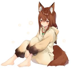 Rule 34 | 1girl, :3, animal ear fluff, animal ears, animal hood, bad id, bad pixiv id, barefoot, blush, brown hair, commentary request, commission, fake animal ears, full body, hair between eyes, highres, hood, hood down, knees up, long hair, long sleeves, looking at viewer, matsusaka gyuu, original, puffy long sleeves, puffy sleeves, red eyes, simple background, sitting, skeb commission, solo, star (symbol), starry background, tail, white background