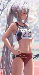 Rule 34 | 1girl, alternate costume, armpits, bare arms, bare shoulders, black ribbon, black tail, blue archive, blurry, blurry background, blush, breasts, buruma, closed mouth, commentary request, cowboy shot, crop top, demon girl, demon tail, grey hair, hair between eyes, hair intakes, hair ribbon, halo, hands on own hips, highres, iori (blue archive), long hair, looking to the side, midriff, navel, number print, outdoors, pointy ears, ponytail, profile, red buruma, red eyes, revision, ribbon, shirt, sidelocks, silver bullet (ecc12 8), sleeveless, sleeveless shirt, small breasts, solo, sports bikini, sportswear, stomach, straight hair, tail, text print, thighs, track and field, track uniform, very long hair