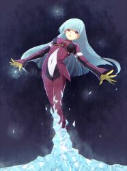 Rule 34 | 1girl, blue hair, bodysuit, breasts, full body, gloves, ice, kula diamond, long hair, murata tefu, navel, open mouth, red eyes, snk, solo, the king of fighters, yellow gloves