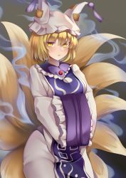 Rule 34 | 1girl, absurdres, animal hat, blonde hair, collar, collared dress, cowboy shot, dress, fox tail, frilled collar, frilled sleeves, frills, grey background, hands in opposite sleeves, hat, highres, koizumo, looking at viewer, mob cap, multiple tails, tabard, tail, tassel, touhou, white dress, yakumo ran, yellow eyes