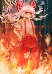 Rule 34 | 1girl, absurdres, bamboo, bamboo forest, blush, bow, breasts, closed mouth, collar, collared shirt, commentary, commission, english commentary, fire, forest, fujiwara no mokou, hands in pockets, highres, joaoloss4, long hair, looking to the side, medium breasts, multicolored bow, nature, ofuda, ofuda on clothes, pants, pink hair, red bow, red eyes, red pants, scenery, shirt, short sleeves, solo, standing, touhou, white bow, white shirt