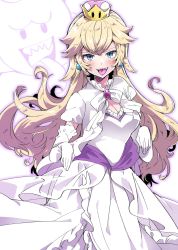 Rule 34 | 1girl, blonde hair, blue eyes, blush, boo (mario), breasts, cleavage, crossed bangs, crown, dress, earrings, eyebrows, gloves, highres, jewelry, long hair, looking at viewer, luigi&#039;s mansion, mario (series), nintendo, open mouth, princess king boo, see-through, simple background, solo, standing, super crown, teeth, tongue, tongue out, white background, white dress, white gloves