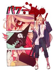 Rule 34 | + +, 1girl, animal, black necktie, blonde hair, blood, blood devil (chainsaw man), blood on face, blood splatter, cat, chainsaw man, cross-shaped pupils, hair between eyes, hammer, hemokinesis, highres, holding, holding animal, holding weapon, horns, looking at viewer, meowy (chainsaw man), necktie, open mouth, pants, pants rolled up, power (chainsaw man), red horns, rkshi, sharp teeth, shirt partially tucked in, shirt tucked in, simple background, symbol-shaped pupils, teardrop, teeth, weapon, white background