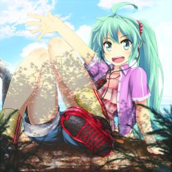 Rule 34 | 1girl, ahoge, arm support, arm up, cloud, day, digital media player, earbuds, earphones, green eyes, green hair, hatsune miku, highres, long hair, matching hair/eyes, open mouth, shorts, sitting, sky, solo, tanashi (mk2), twintails, vocaloid